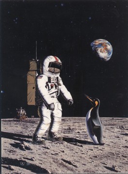 Featured is a postcard image of a "Lunar Penguin" real estate agent attempting to sell some Fantasy Real Estate to a visiting astronaut.  Not exactly a "virtual world" but you get the idea!  The original unused Athena Art card is for sale in The unltd.com Store.